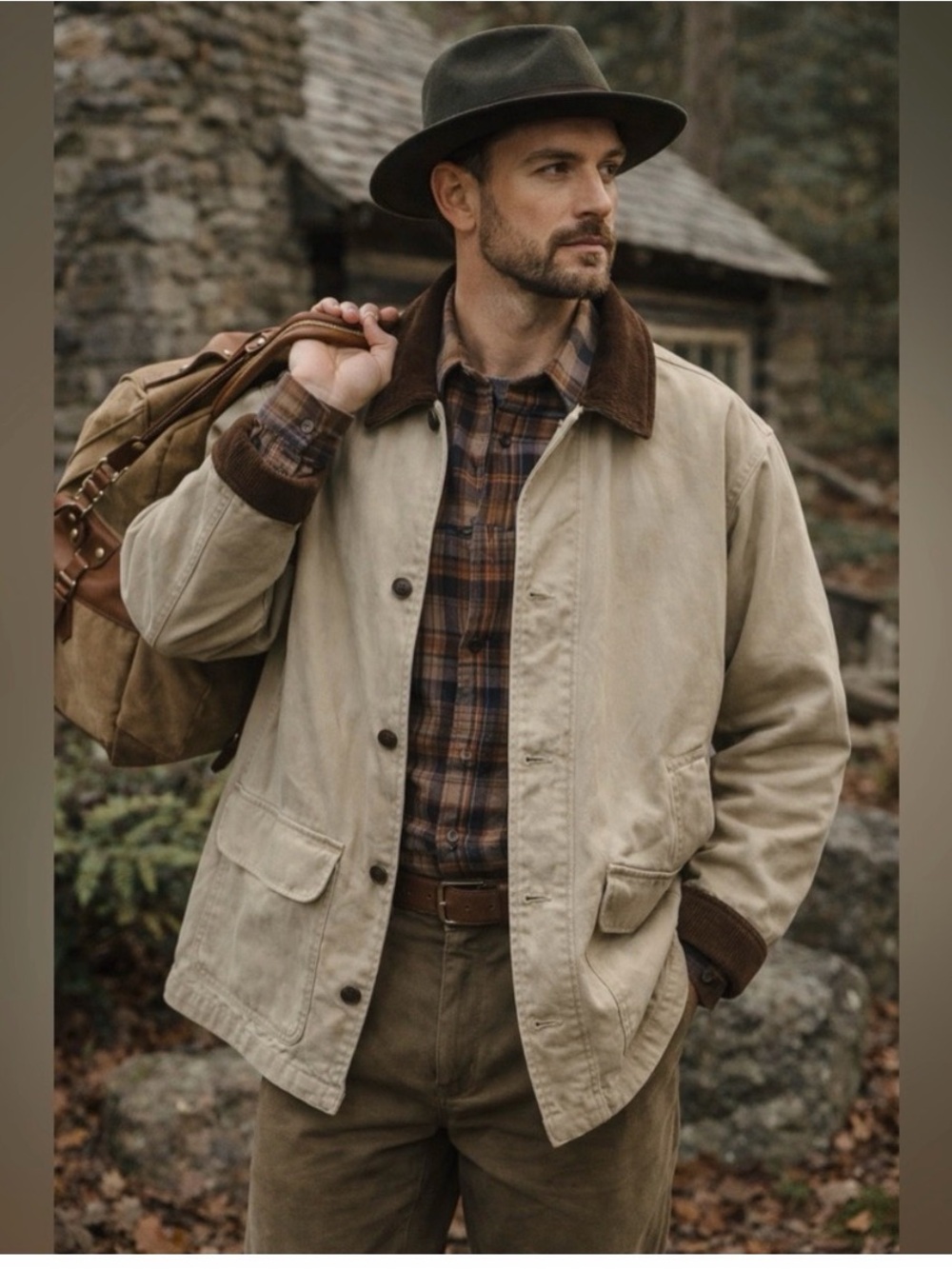 L.L. Bean Men's Tan Field Jacket with Brown corduroy Collar -Large - Picture 1 of 11